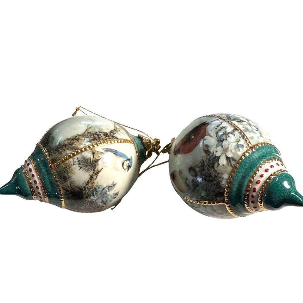 Hand-Painted Cardinal & Winter Scene Glass Christmas Ornaments With Gold Accents